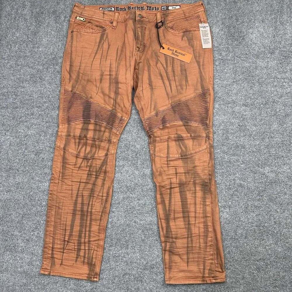 Rock Revival Moto Ivan Jeans Sz 40 Orange Slim Stretch Biker Y2K Distressed NWT
